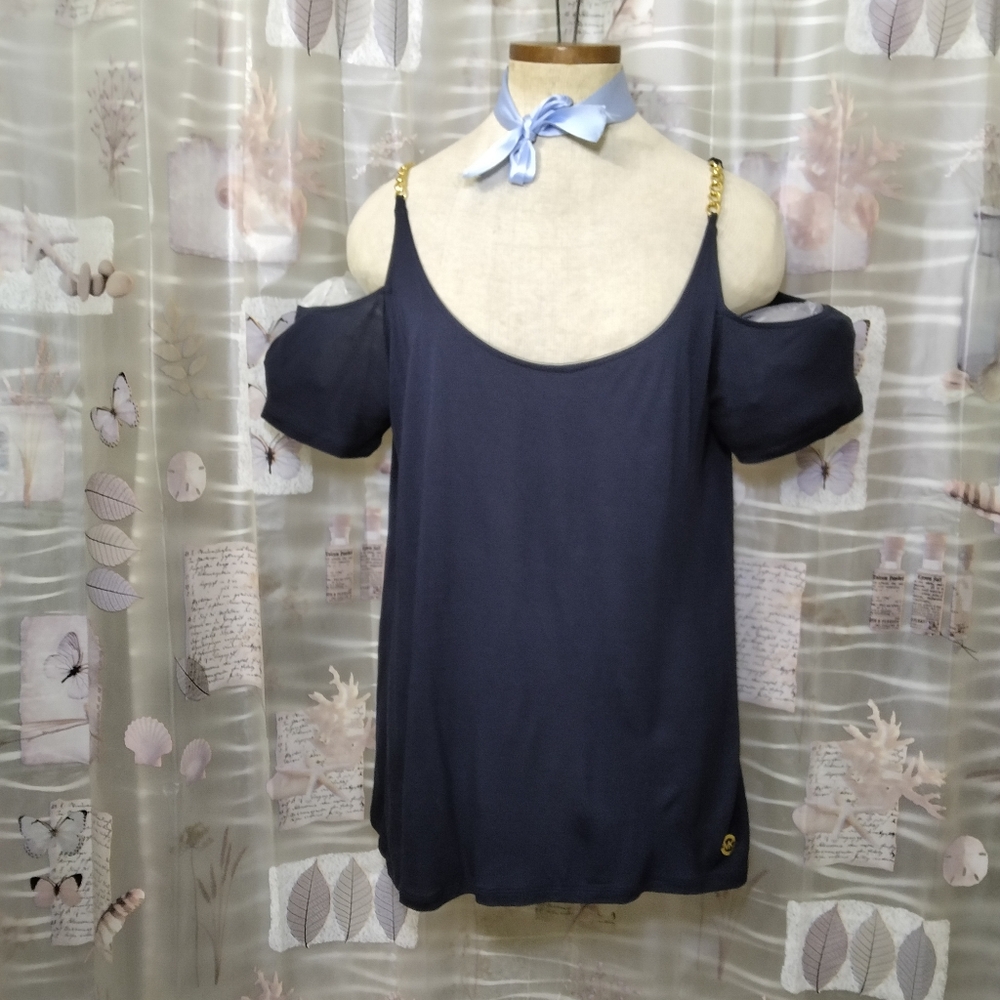 Michael Kors Navy Cold Shoulder Gold Tone Metal Blouse Size XL